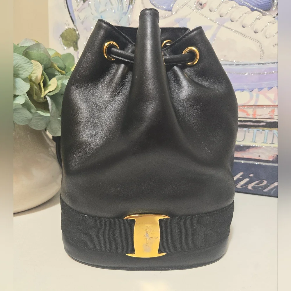 Vintage Salvatore Ferragamo Black Drawstring Leather Backpack - Picture 13 of 13